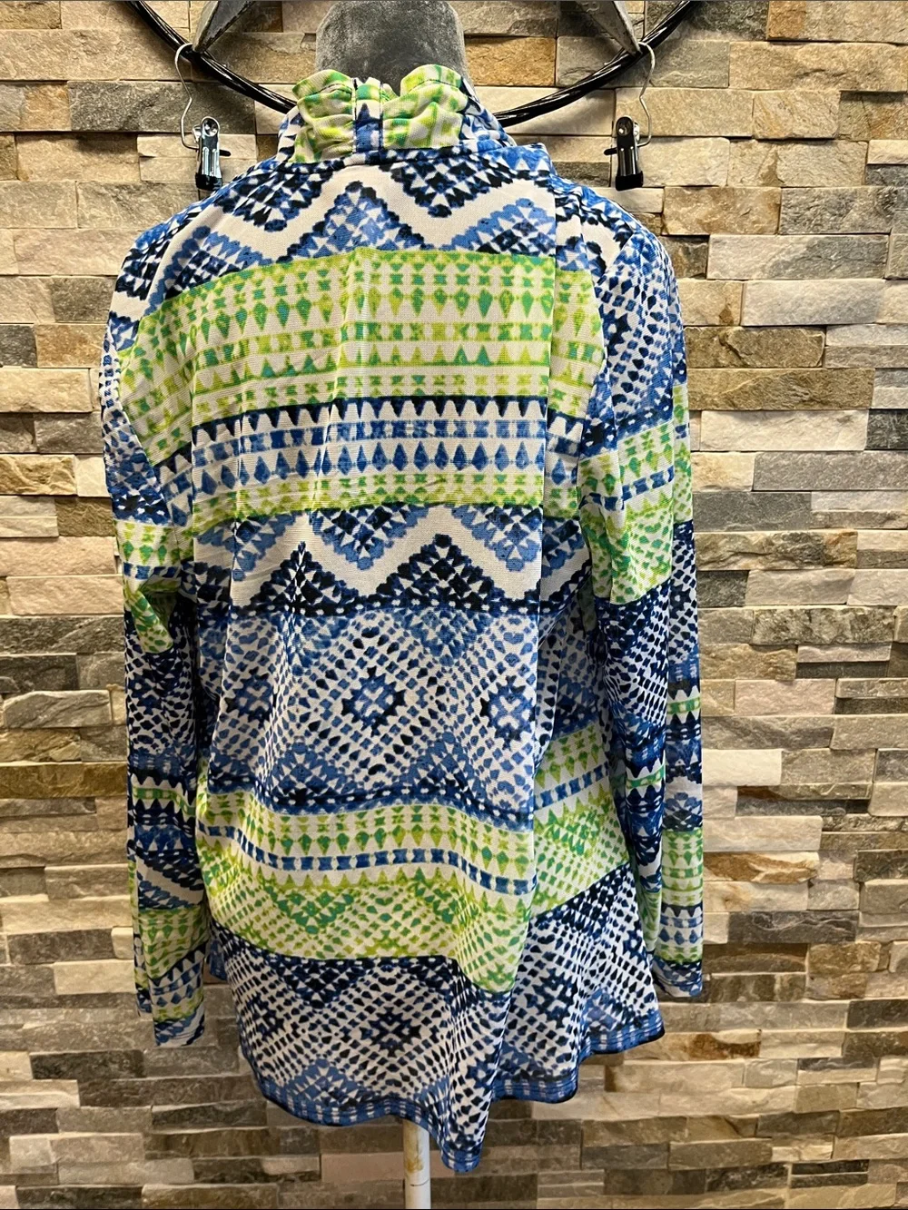 Easy Wear CHICOS Open-Front Patterned Women's Cardigan in Blue and Green